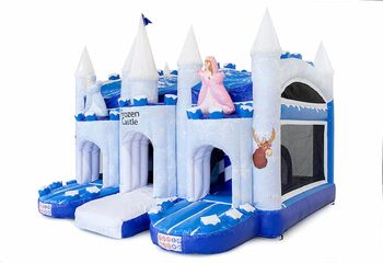 Buy large inflatable covered blue and white multiplay bouncy castle with slide in theme ice ice frozen for children. Order bouncy castles online at JB Inflatables America 