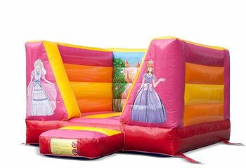 Buy a small open inflatable pink yellow orange bounce house in princess theme for kids. Bounce houses are online available at JB Inflatables America