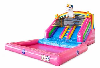 Buy inflatable splashy slide bouncy castle with double slides and water bath in theme unicorn rainbow for children at JB Inflatables America. Order bouncy castles online at JB Inflatabales America