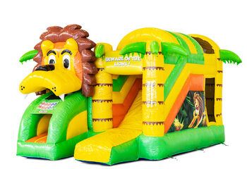 Buy covered inflatable Mini Multiplay bouncy castle with slide in the Lion theme for children. Order now inflatable bouncy castles at JB Inflatables America