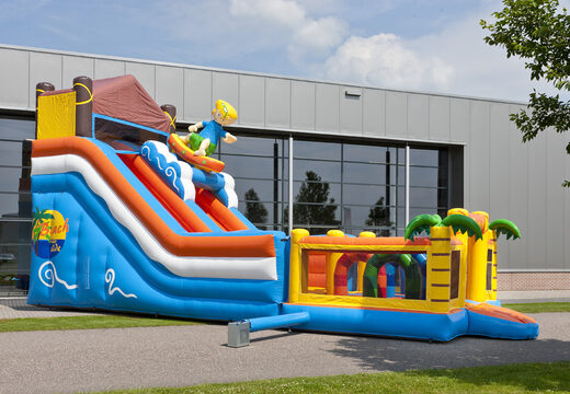 Multifunctional inflatable slide in a beach theme with a splash pool, impressive 3D object, fresh colors and the 3D obstacles for children. Buy inflatable slides now online at JB Inflatables America