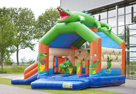 Buy a multifun bounce house with a striking 3D figure of a crocodile on the roof for kids. Order bounce houses online at JB Inflatables America