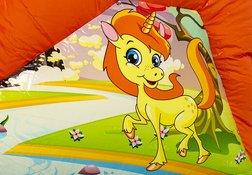 Multiplay bounce house with slide in unicorn theme for children. Buy inflatable bounce houses online at JB Inflatables America