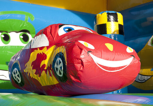 Buy covered multifun bouncer with slide in car theme with 3D object on the roof for both young and older children. Order inflatable bouncers online at JB Inflatables America