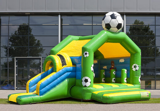 Order covered multifun bouncer with slide in the theme of football with 3D object at the top for both young and older children. Buy inflatable bouncers online at JB Inflatables America