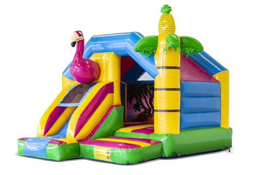 Order inflatable slide combo bouncy castle with pink flamingo at JB Inflatables America. Inflatable flamingo-themed bouncy castles with slide for sale at JB Inflatables America
