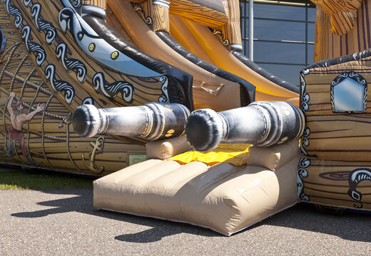 Spectacular inflatable slide with a pirate ship theme, a striking shape with cool 3D objects and full color prints for children. Buy inflatable slides now online at JB Inflatables America