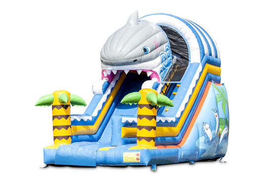Spectacular inflatable slide in shark theme with cheerful colors for children. Buy inflatable slides now online at JB Inflatables America