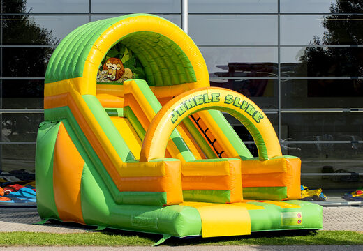 Order a spectacular jungle-themed inflatable slide with cheerful colors for children. Buy inflatable slides now online at JB Inflatables America