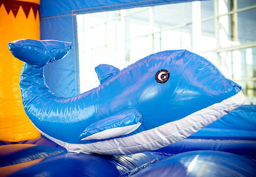 Buy an inflatable indoor maxifun super bouncer in bright colors and fun 3D figures in a beach theme for children. Order bouncers online at JB Inflatables America