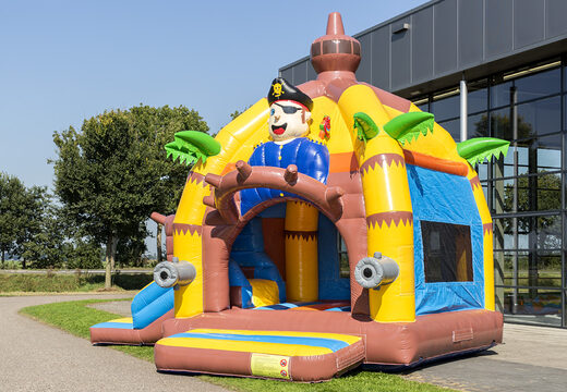 Buy covered multifun super bounce house with slide in pirate theme for children. Order inflatable bounce houses online at JB Inflatables America