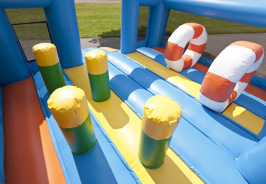 Get your dolphin themed inflatable multifunctional slide with a splash pool, impressive 3D object, fresh colors and the 3D obstacles online now. Buy inflatable slides at JB Inflatables America