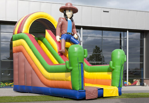 Beach themed inflatable slide with a splash pool, impressive 3D object, fresh colors and the 3D obstacles for kids. Order inflatable slides now online at JB Inflatables America