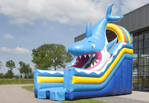 Inflatable multifunctional slide in shark theme with a splash pool, impressive 3D object, fresh colors and the 3D obstacles for kids. Buy inflatable slides now online at JB Inflatables America