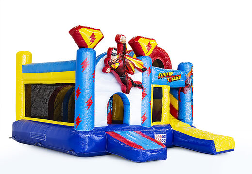 Medium inflatable multiplay bounce house in superhero theme for children. Order inflatable bounce houses online at JB Inflatables America