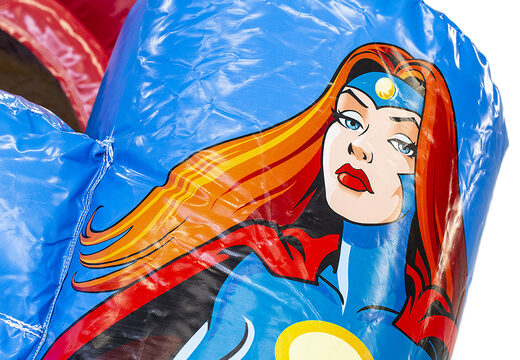 Medium inflatable multiplay bouncer in superhero theme with slide for children. Order inflatable bouncers online at JB Inflatables America