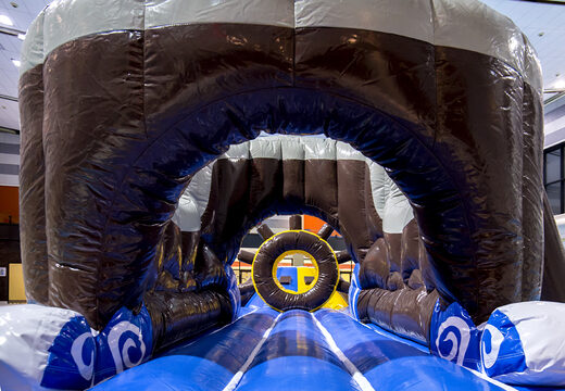 Cool pirate themed play island with a vine, climbing tower, round slide and obstacles for both young and old. Order inflatable pool games now online at JB Inflatables America