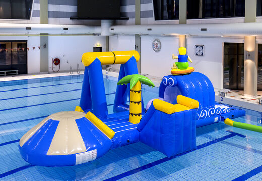 Unique airtight inflatable surfer play island with a vine, climbing tower, round slide and obstacles for both young and old. Buy inflatable pool games now online at JB Inflatables America
