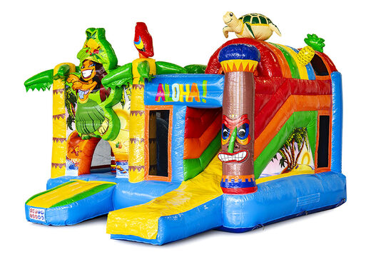 Buy indoor inflatable multiplay bouncy castle in tropical Hawaii theme with slide for children. Order inflatable bouncy castles online at JB Inflatables America