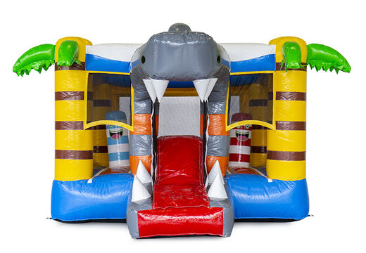 Order mini multiplay bounce house in shark theme with slide for children. Inflatable bounce houses with slide for sale at JB Inflatables America
