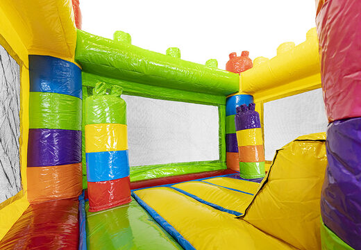 Purchase superblocks-themed mini inflatable bouncer with slide for kids. Order inflatable bouncers online at JB Inflatables America