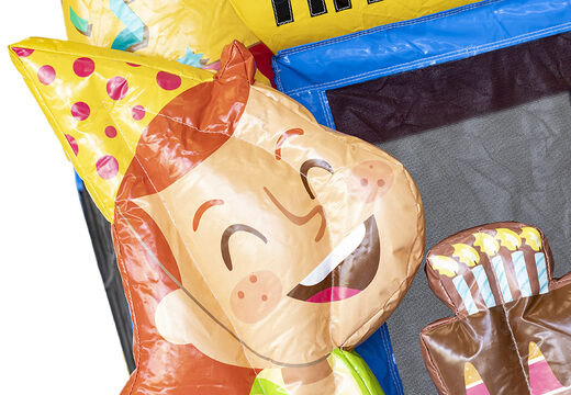 Buy mini inflatable multiplay bounce house in party theme with slide for kids. Order inflatable bounce houses online at JB Inflatables America