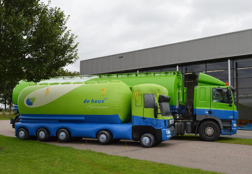 Buy green and blue inflatable De Heus truck eye-catcher. Order blow-up promotionals now online at JB Inflatables America