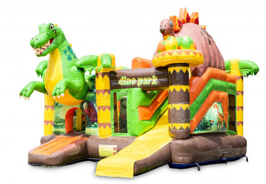 Buy a covered inflatable bounce house in the theme dinoworld with slide, for children. Order bounce houses online at JB Inflatables America