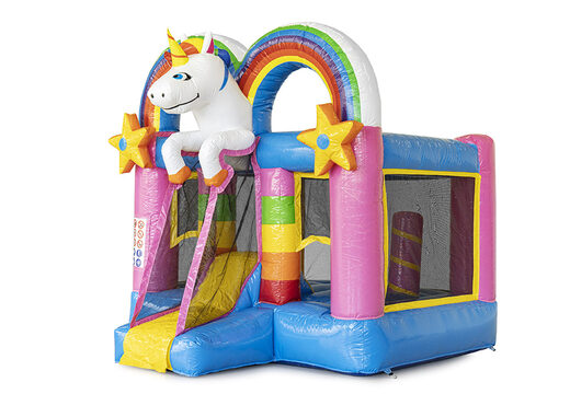 Mini inflatable unicorn-themed bounce house with slide available to buy for kids at JB Inflatables. Order inflatable bounce houses online at JB Inflatables America