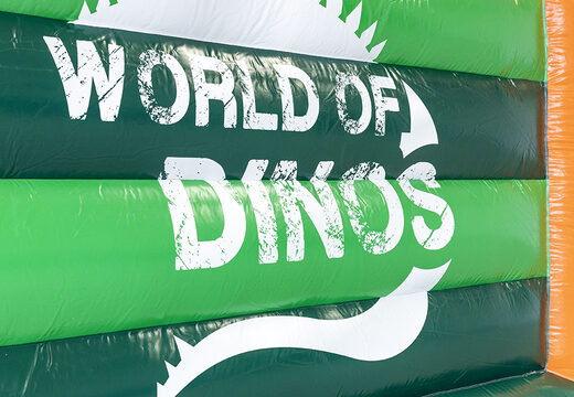 Order now custom World of dinos A Frame Super bounce houses with unique 3D objects and dino illustrations at JB Promotions America. Custom inflatable advertising bouncers in different shapes and sizes for sale