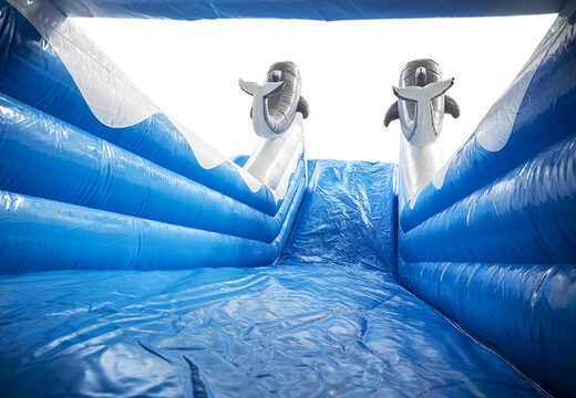 Get your inflatable dolphin slide with the cheerful colors, 3D objects and fun print on the side wall online now. Order inflatable slides at JB Inflatables America