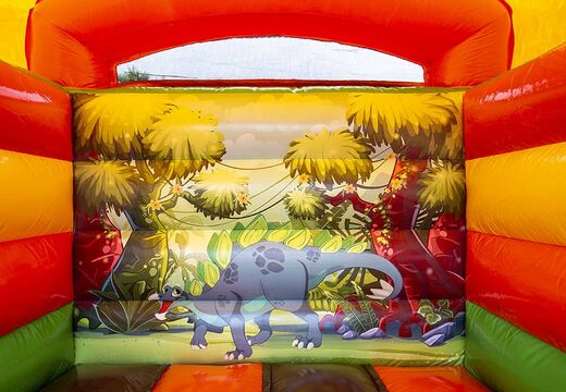 Order a small bouncy castle orange and green in dinosaur theme for children. Buy bouncy castles at JB Inflatables America online