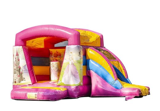 Small inflatable multifun bounce house with roof pink in princess theme to buy for kids. Buy bounce houses online at JB Inflatables America