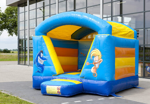 Mini-roofed bounce house in blue and yellow seaworld theme for kids to buy. Order bounce houses now at JB Inflatables America online