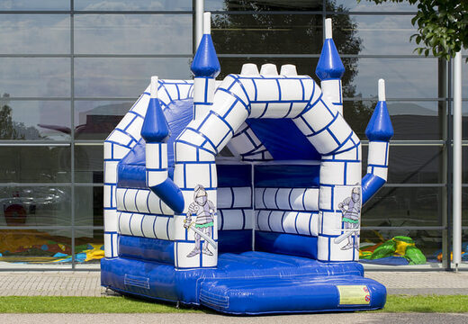 Small bounce house blue white castle theme for sale for kids. Buy bounce houses at JB Inflatables America online