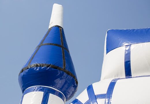 Purchase a midi multifun inflatable bounce house with roof in a color combination of blue and white in castle theme for kids. Buy bounce house online at JB Inflatables America