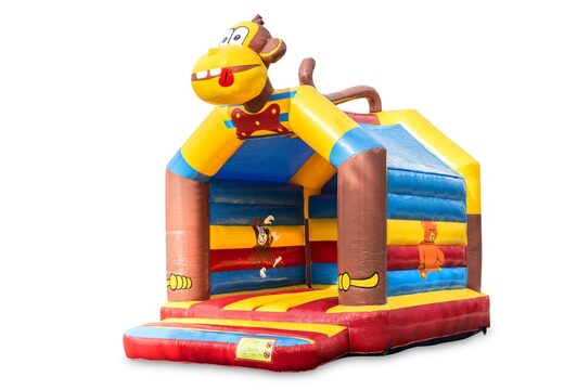 Buy a standard bouncy castle for children in striking colors with a large 3D object in the shape of a monkey on top. Buy inflatables online at JB Inflatables America