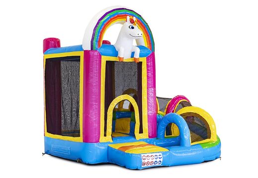 Mini inflatable multiplay bounce house in unicorn theme for children. Order inflatable bounce houses online at JB Inflatables America