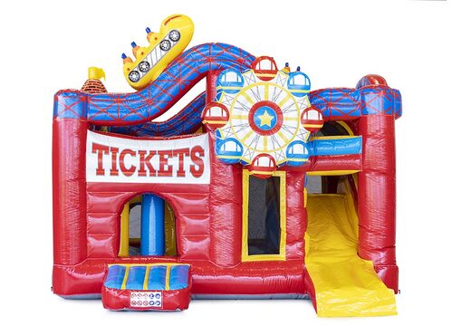 Buy medium inflatable multiplay bouncy castle in rollercoaster theme with slide for kids. Order inflatable bouncy castles online at JB Inflatables America