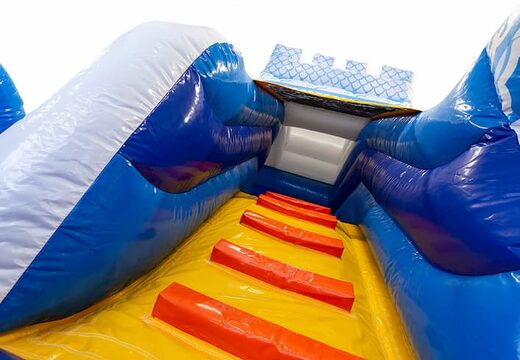 Large inflatable open blue multiplay bouncer with slide in princess pirate theme for kids. Buy bouncers online at JB Inflatables America 