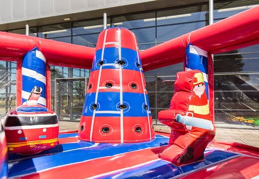 Buy a large Indoor fire brigade bounce house with a slide on the jumping surface, climbing tower and fun obstacles with fire-themed prints for kids. Order inflatable bounce houses online at JB Inflatables America .