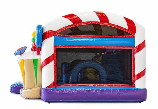 Inflatable multiplay candy bounce house with a slide in the middle and 3D objects for kids. Order bounce houses online at JB Inflatables America 