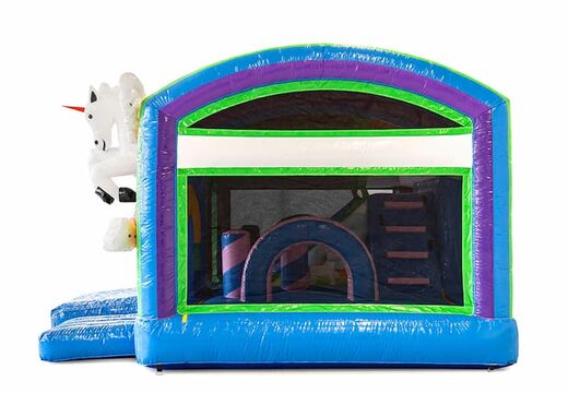 Buy a unicorn bounce house in a unique design with two entrances, a slide in the middle and 3D objects for kids. Order bounce houses online at JB Inflatables America 