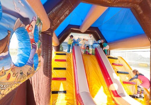 Order shooting combo pirate bounce house with cover, shooting game and slide for kids. Buy bounce houses online at JB Inflatables America