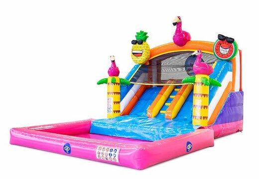 Buy a water slide bouncy castle with a 3D object of a large flamingo on top at JB Inflatables America. Order bouncy castles online at JB Inflatables America now