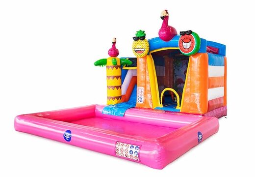 Buy inflatable mini splash bounce house in flamingo theme with or without a bath. Order inflatable bounce houses online at JB Inflatables America