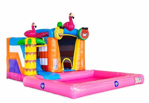 Small splash bouncy castle in Flamigo theme with or without bath for children at JB Inflatables America. Buy inflatable bounce houses at JB Inflatables America