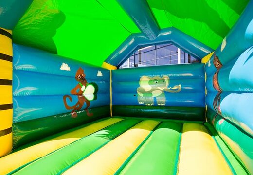 Buy a standard jungle bounce houses in striking colors with a large 3D gorilla object on the top for children . Buy bounce houses online at JB Inflatables America