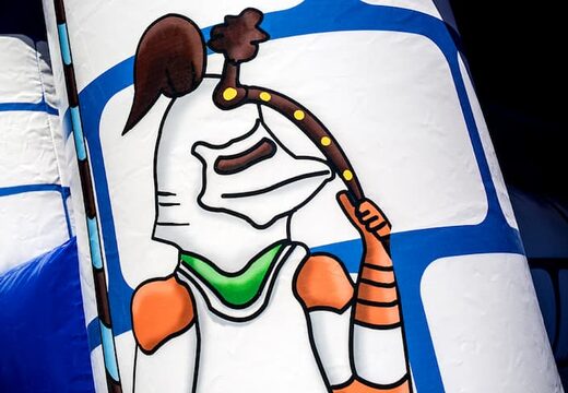 Order standard castle bounce houses with a knight theme in one blue color for children. Buy bounce houses online at JB Inflatables America