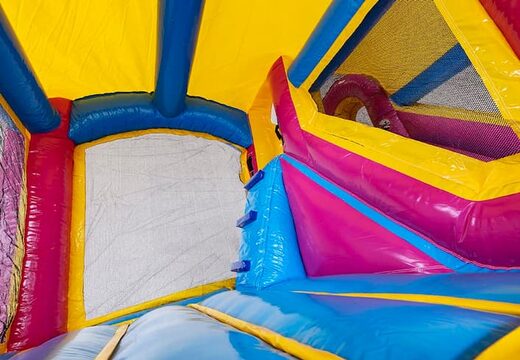 Dmuchany zamek Jumpy Happy Splash różowy z kąpielą wodną z motywem jednorożca. Tęczowy plac wodny dla dzieci zamów online w JB Dmuchance